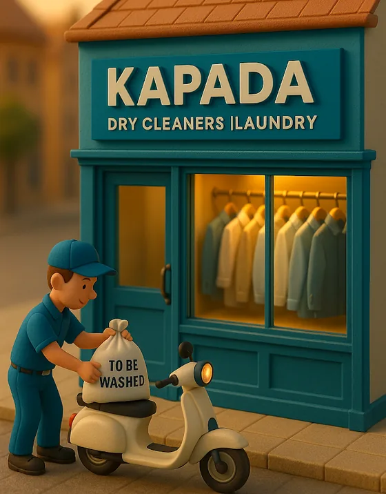Kapada Dry Cleaners shopfront with a rider collecting a bag marked ‘to be washed’